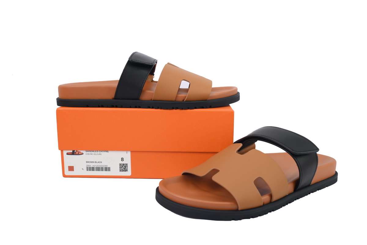 Hermes Calfskin Chypre Sandals Khaki Black