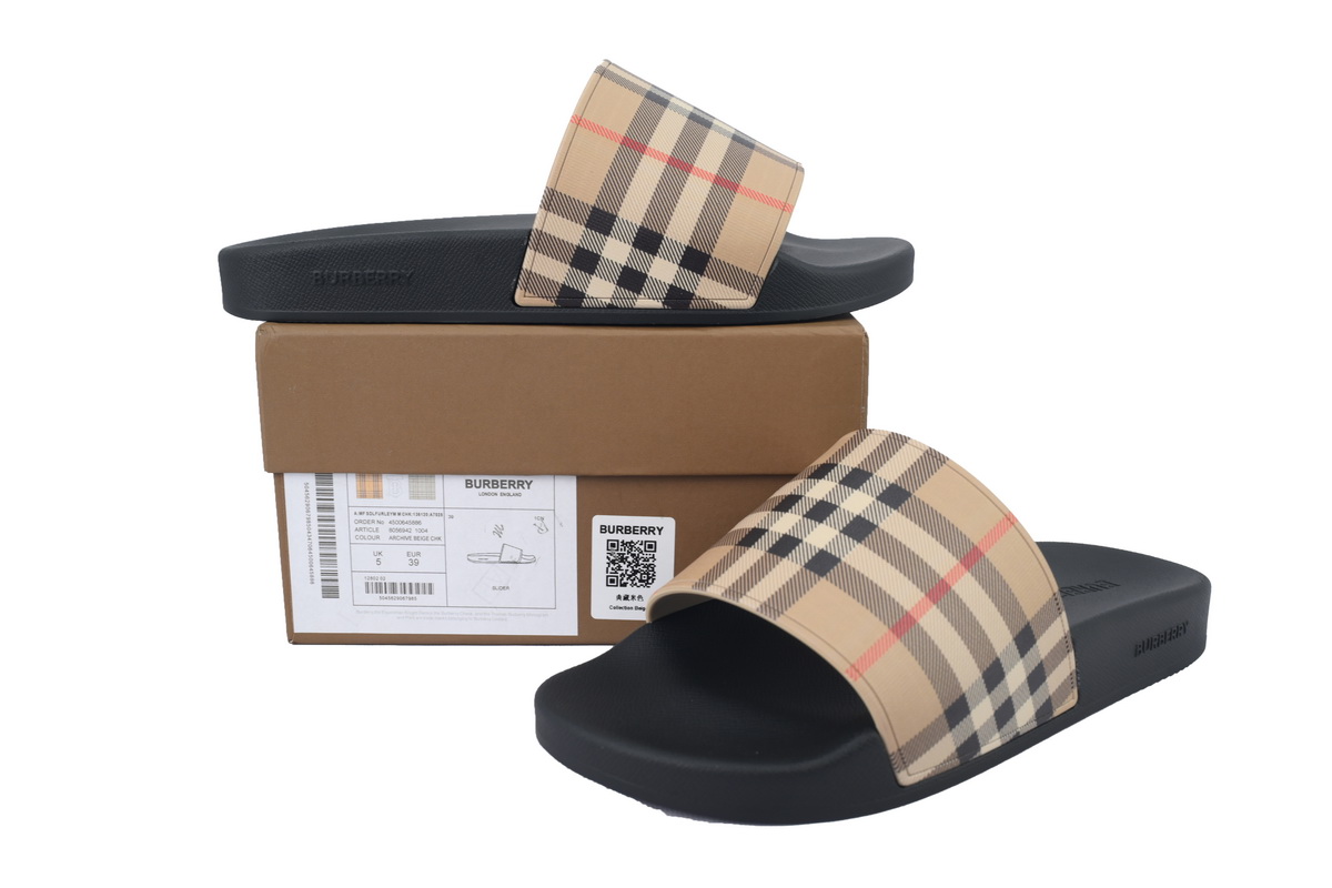 Burberry Check Slides Khaki
