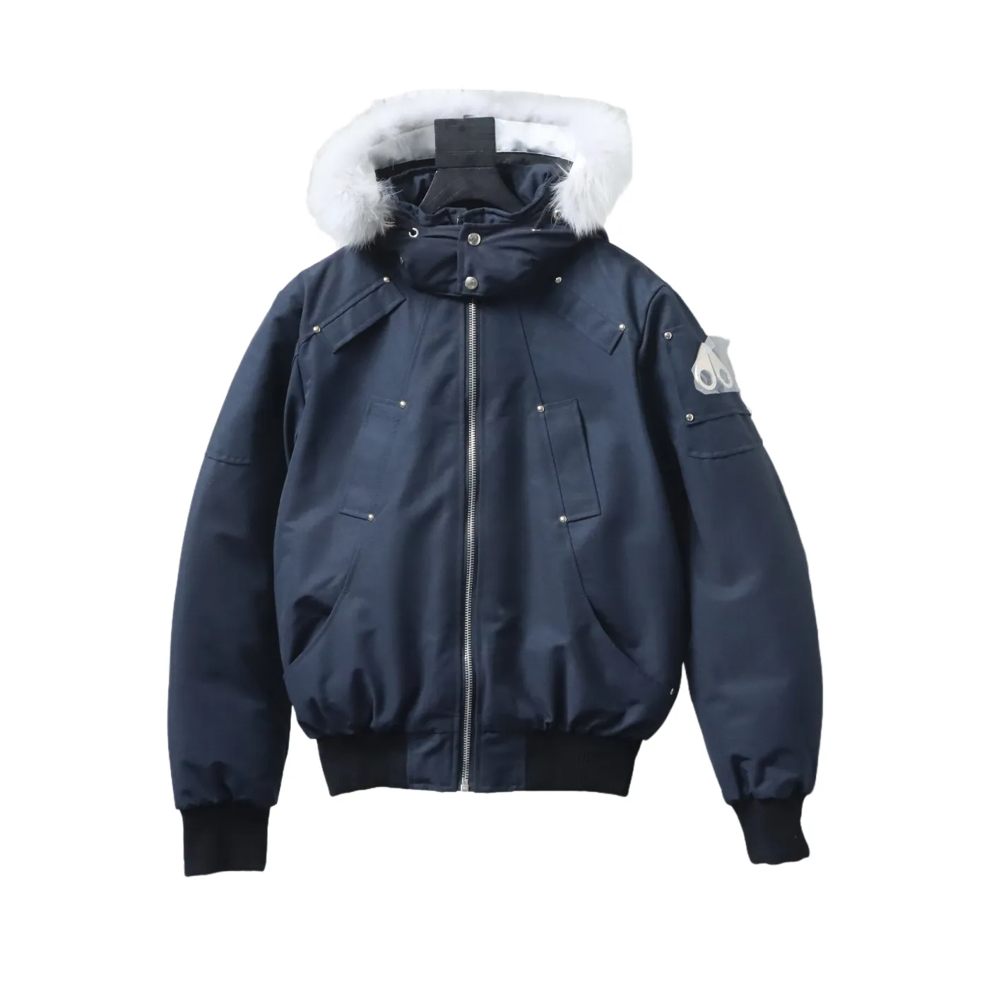 Moose Knuckles Men's Balistic Bomber Zip-Up Fur Jacket Dark Blue