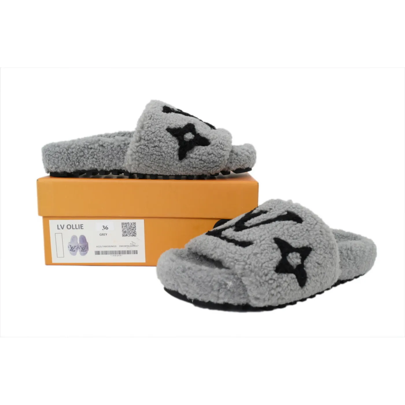 Louis Vuitton Bom Dia Shearling Flate Slippers Dark Gray