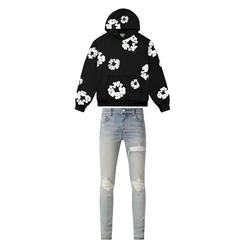 Denim Tears Cotton Wreath Sweatshirt Hoodie Black + Amiri Jean MX1 Ultrasuede Antique Indigo AMDNSY1055-406