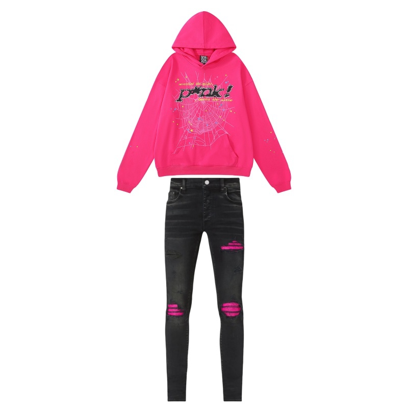 Sp5der P*NK Hoodie Pink + Amiri Distressed MX1 Jean Black Pink