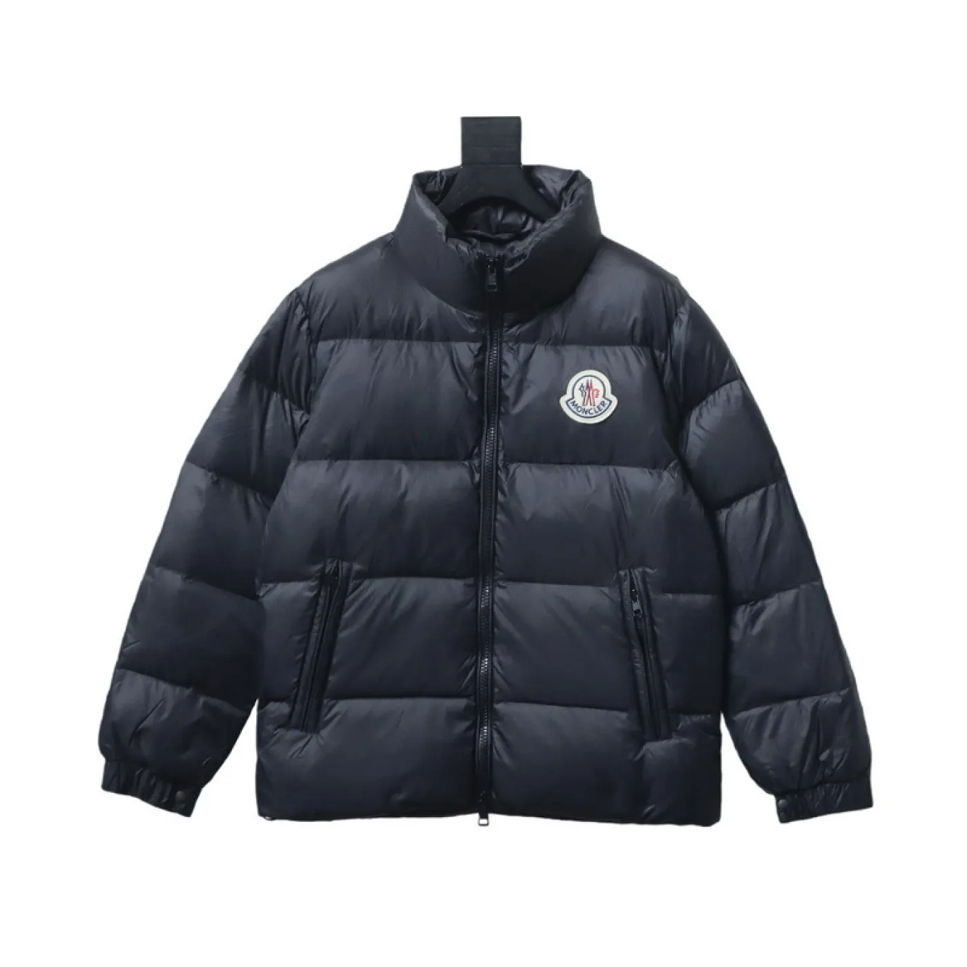 Moncler Logo Patch Zippered Stand-up Collar Black Down Jacket