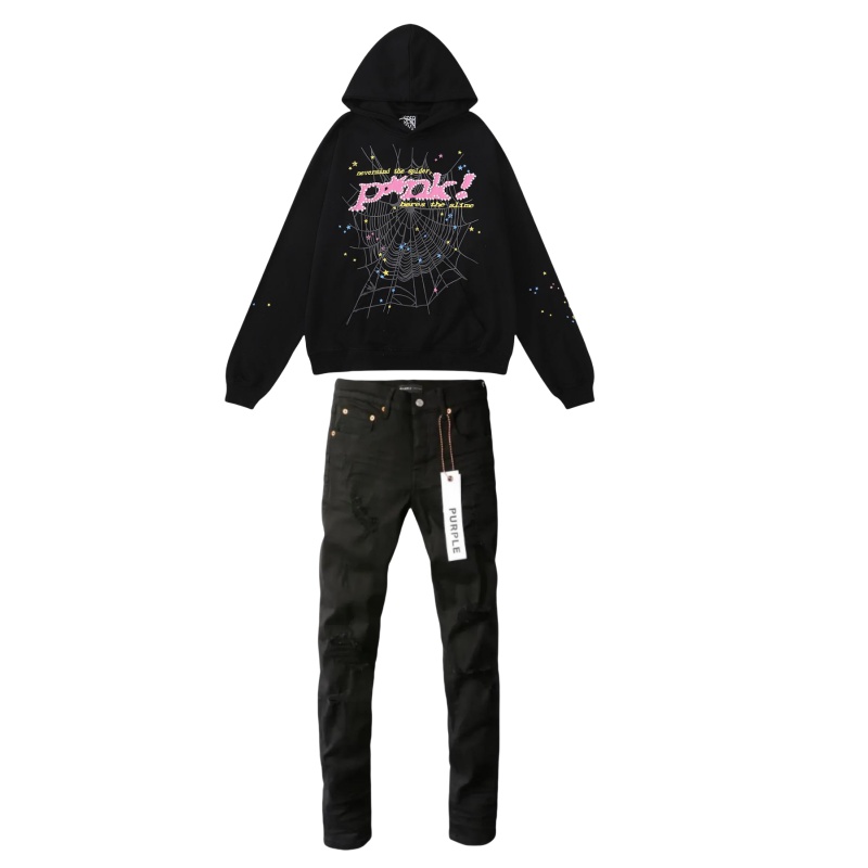 Sp5der P*NK Hoodie Black + Purple Brand Jeans 72448