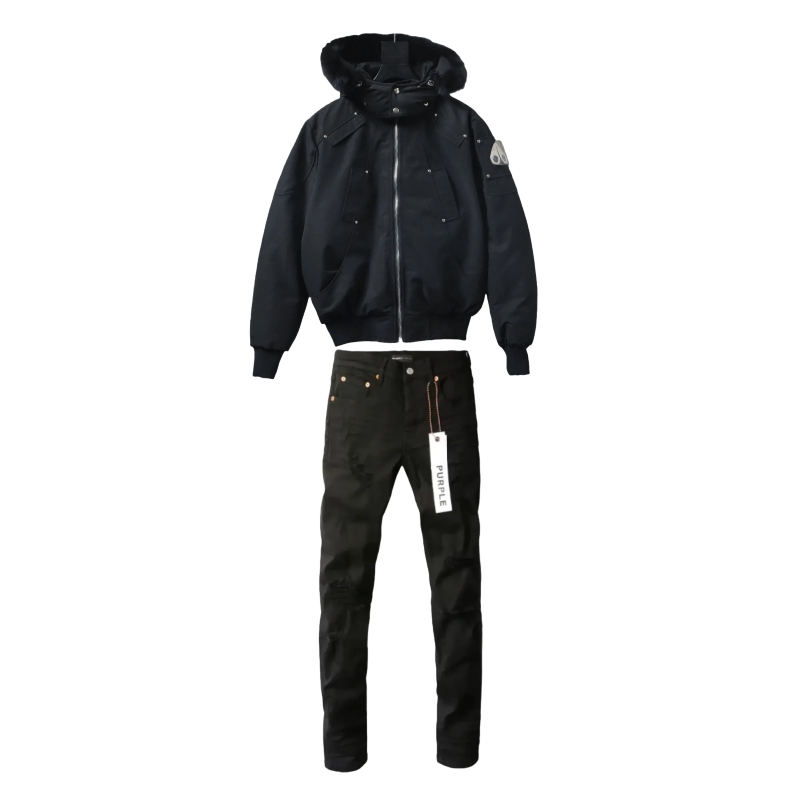 Moose Knuckles ORIGINAL 3Q FUR Black Down Jacket + Purple Brand Jeans 72448