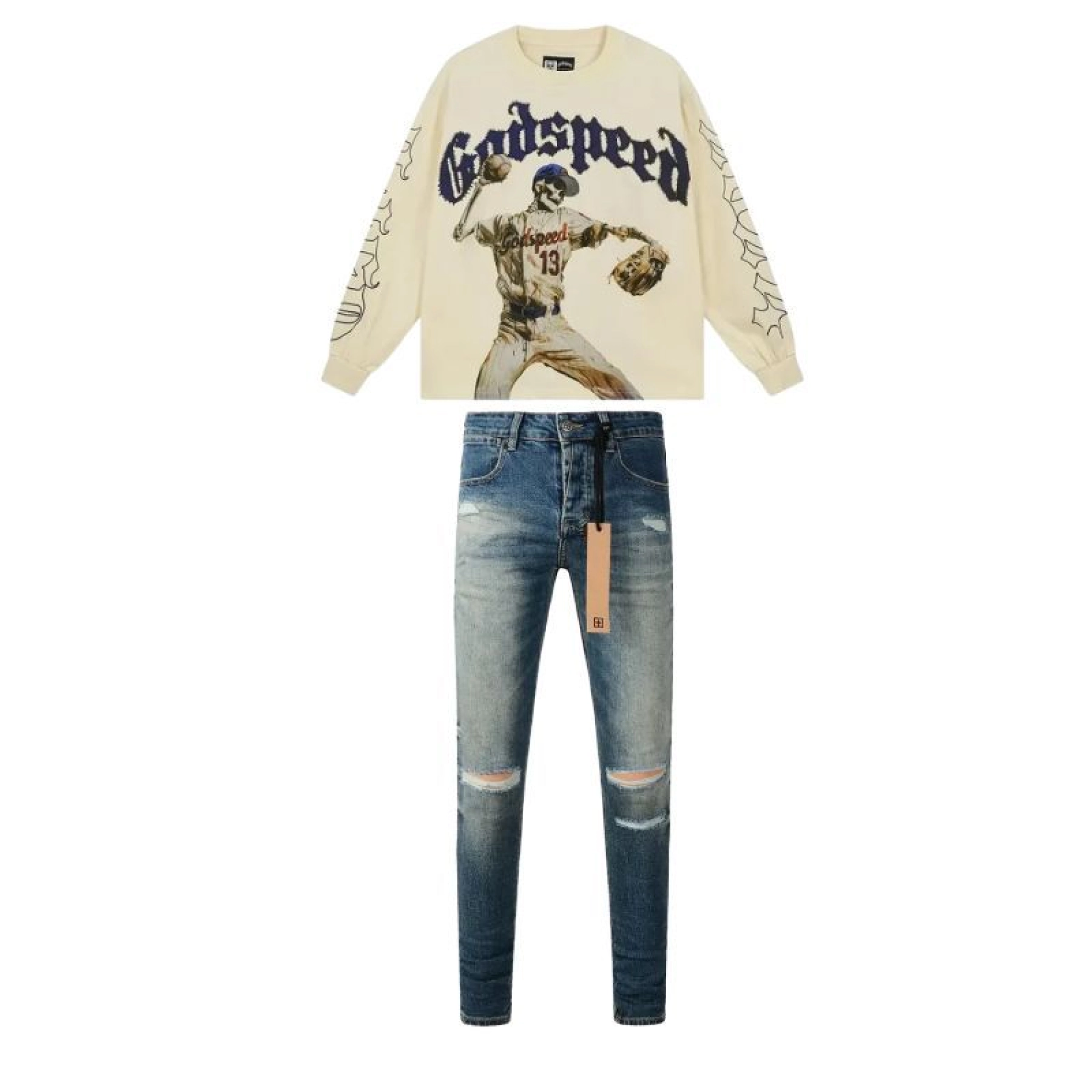 Godspeed Strike Out Long Sleeve T-shirt Bone + Ksubi Jeans 3018