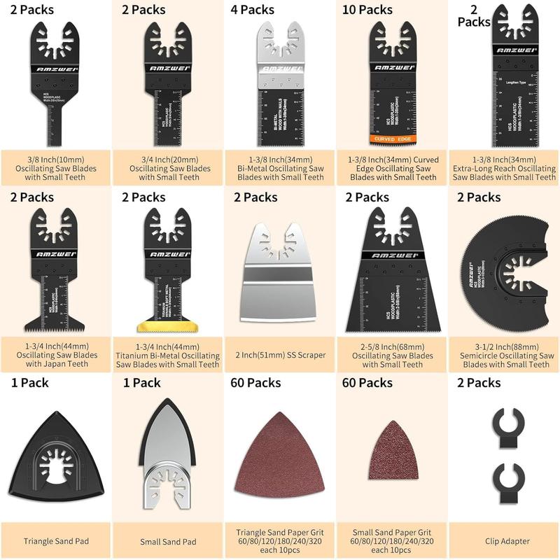 154 Metal Wood Oscillating Tool Blade, Titanium Oscillating Saw Blades with Sandpaper, Quick Release Multi Tool Blades Kits for Dewalt Ryobi Milwaukee Rockwell Fein Makita
