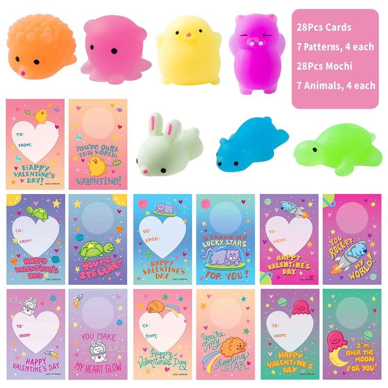28Pcs Kids Valentines Cards Mochi squishy Toys with Glow-in-The-Dark， 2025 Valentine Exchange Cards