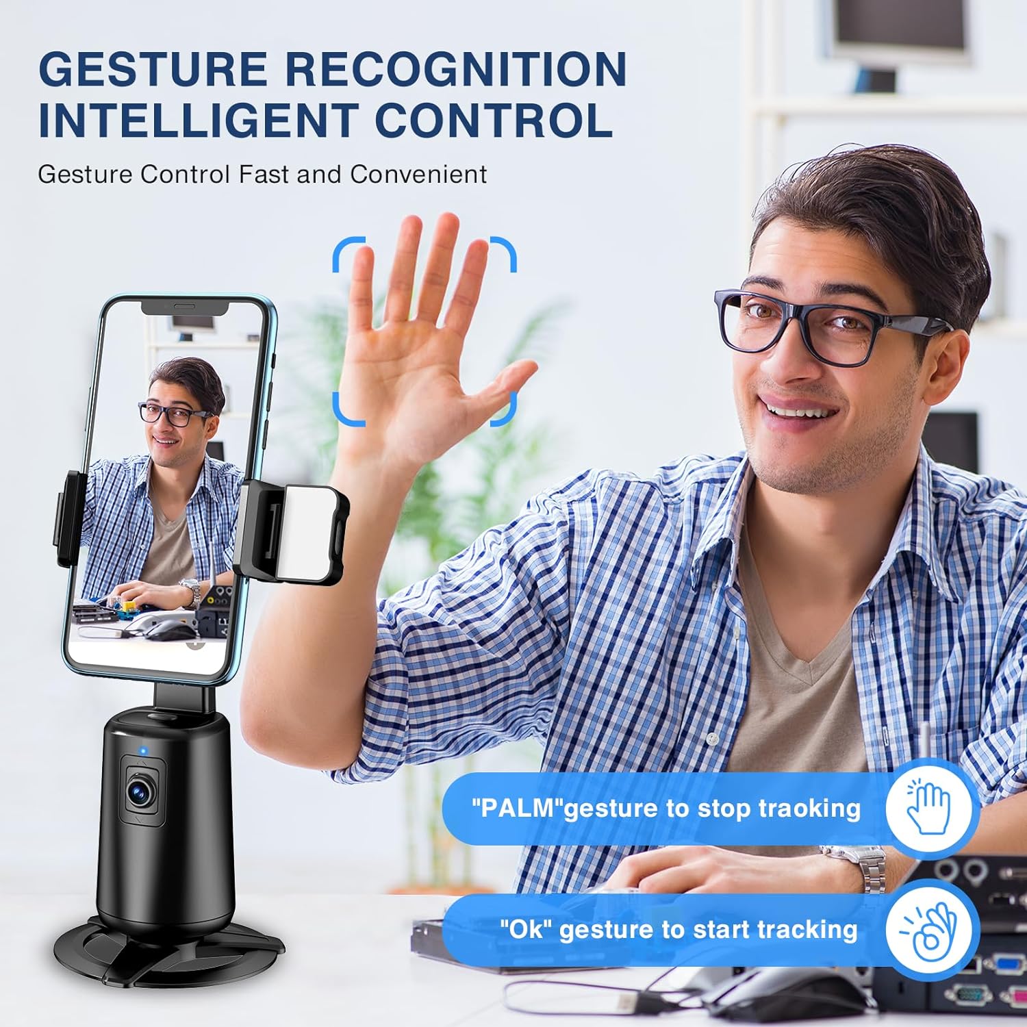 Auto Face Tracking Tripod 360° Rotating Auto Tracking Phone Stand, No App, Phone Camera Stand with Remote and Gesture Control,