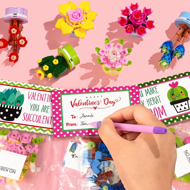 24 Packs- Valentines Day Gifts - Succulents Building Blocks with Valentines Day Cards for Classroom School Boys Girls, Valentines Exchange Gifts Party Favors Class Prizes
