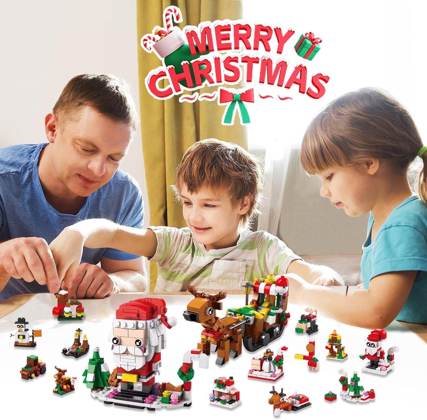 Christmas 2024 Building Blocks for 3-12 Year Olds - 12 Day Countdown Calendar Gift Box - 6 in 1 Christmas Tree Elk Santa Track Car Blocks Bricks