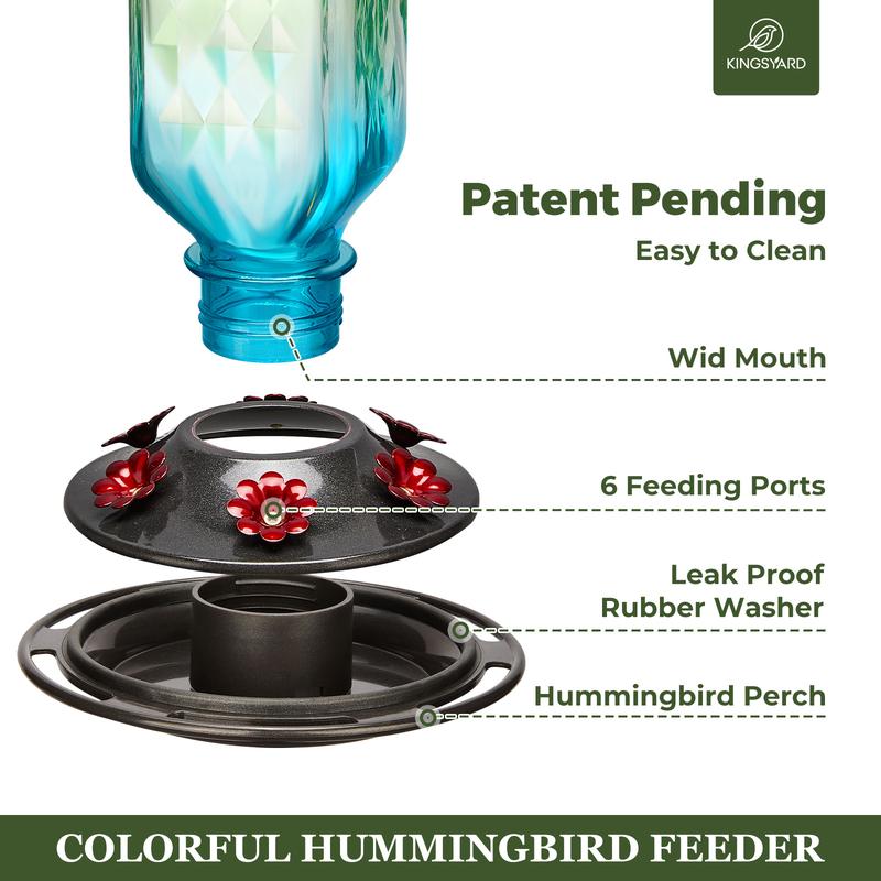Kingsyard 24oz Glass Hummingbird Feeder for Outdoor Hanging, with Ant Moat & 6 Feeding Port,