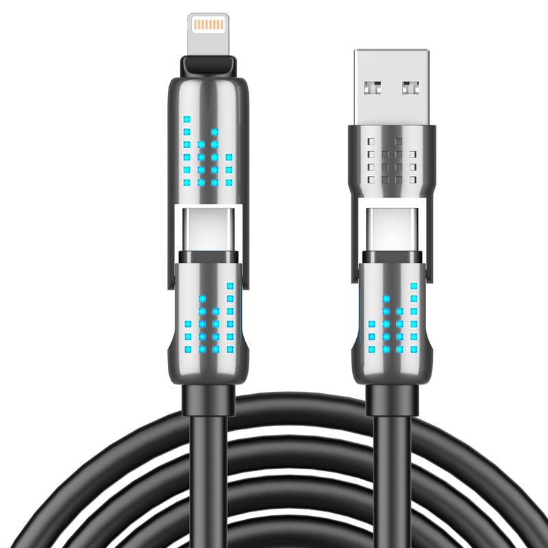 240W 4-in-1 USB-C Cable - PD 5A Fast Charging & Data Sync, Breathing Light, Aluminum Alloy Design, 4FT Silicone Cable,