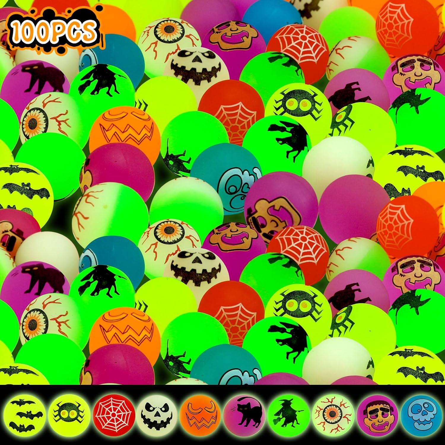 Halloween Theme Designs Bouncing Balls - Glow in The Dark Bouncy Party Favors Supplies for Kids, Trick or Treating Goodie Light Spooky