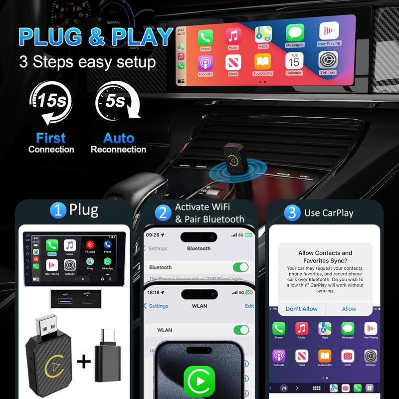 2-in-1 Wireless CarPlay & Android Auto Adapter, Wireless Apple CarPlay Adapter for Factory Wired Cars