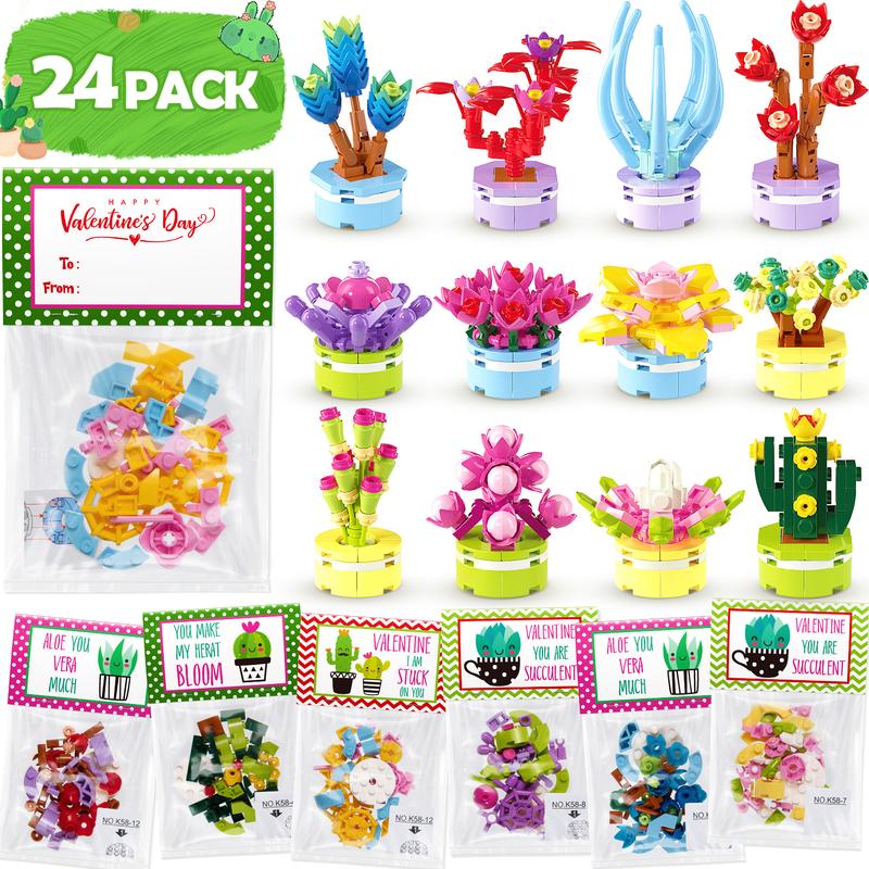 24 Packs- Valentines Day Gifts - Succulents Building Blocks with Valentines Day Cards for Classroom School Boys Girls, Valentines Exchange Gifts Party Favors Class Prizes
