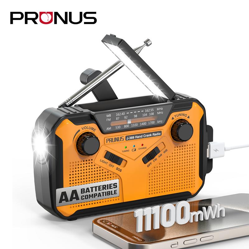 PRUNUS Emergency NOAA Weather Radio with 11100mWh Portable Power Bank, AA Batteries/Solor/Hand Crank/USB/Rechargeable Batteries, LED Flashlight and Reading Lamp,SOS Alarm & Flashlight,AM FM, J-369