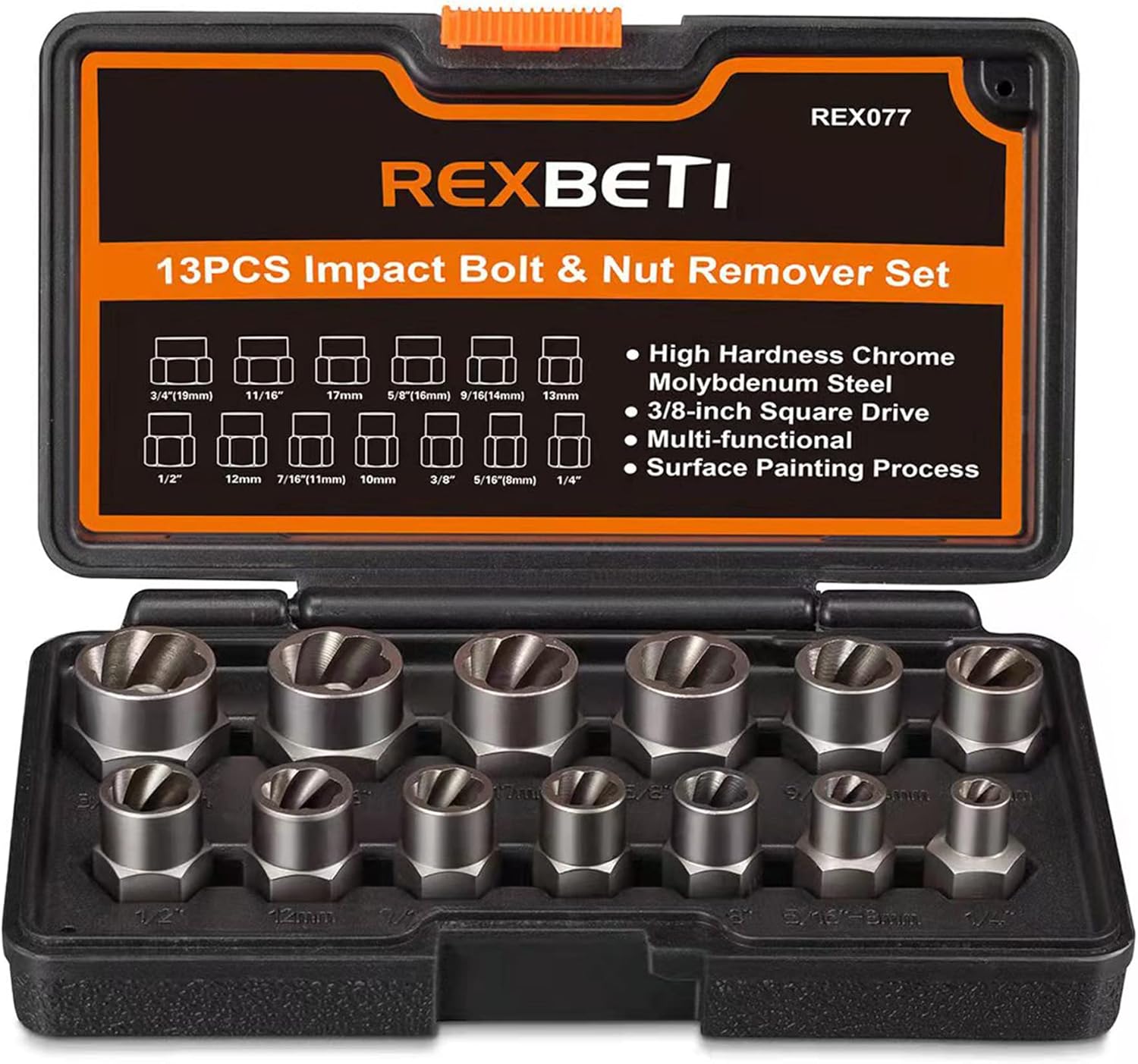 Bolt Extractor Tool Set, 13+1 Counts Impact & Nut Remover Stripped Lug Remover, Lug Nut Removal Tool, Drive Rounded Bolt Remover for Removing Damaged, Frozen, Rusted