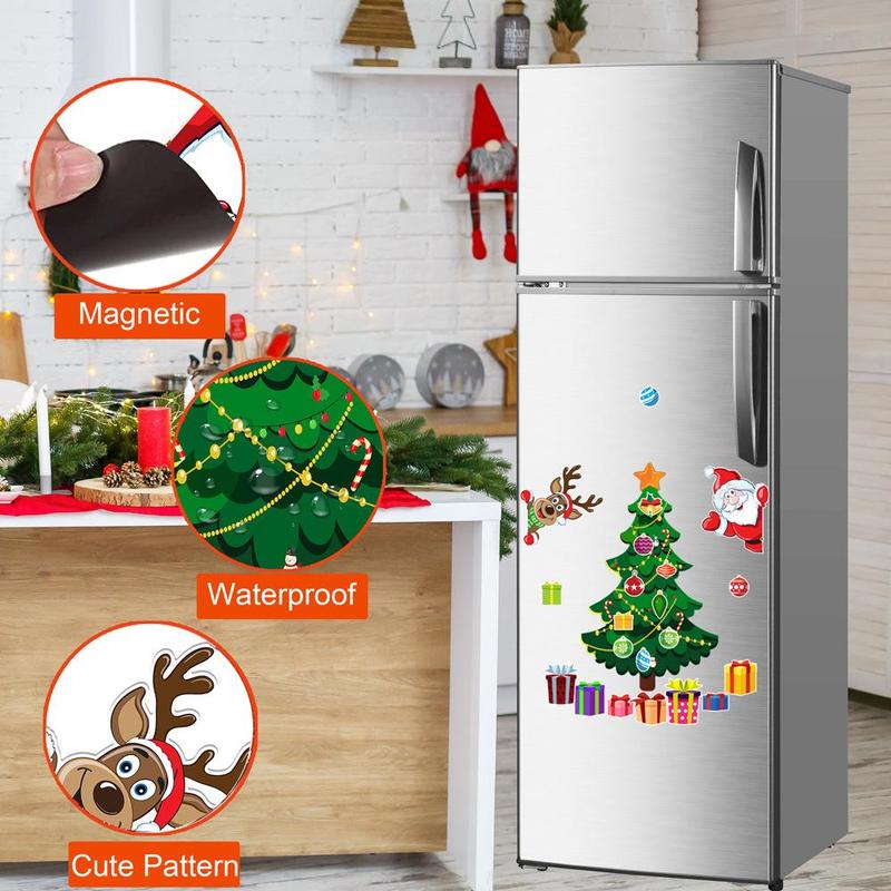 Christmas Themed Magnetic Sticker, 1 Set Cartoon Santa Claus & Reindeer & Tree Pattern Refrigerator Magnets,