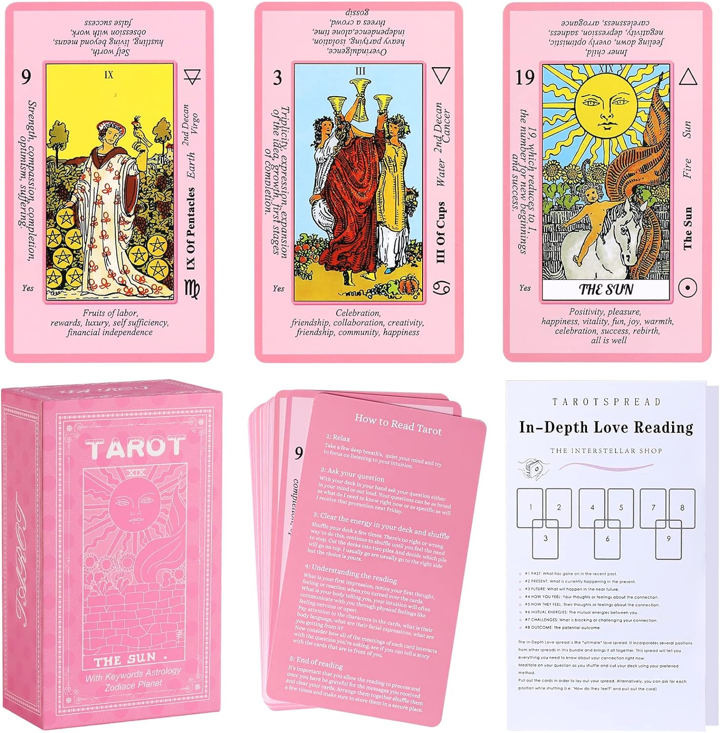 Pink Tarot Cards Deck Set for Beginners with Meanings On Them-Tarot Card with Guidebook-(Free Velvet Tarot Bag Pouch)