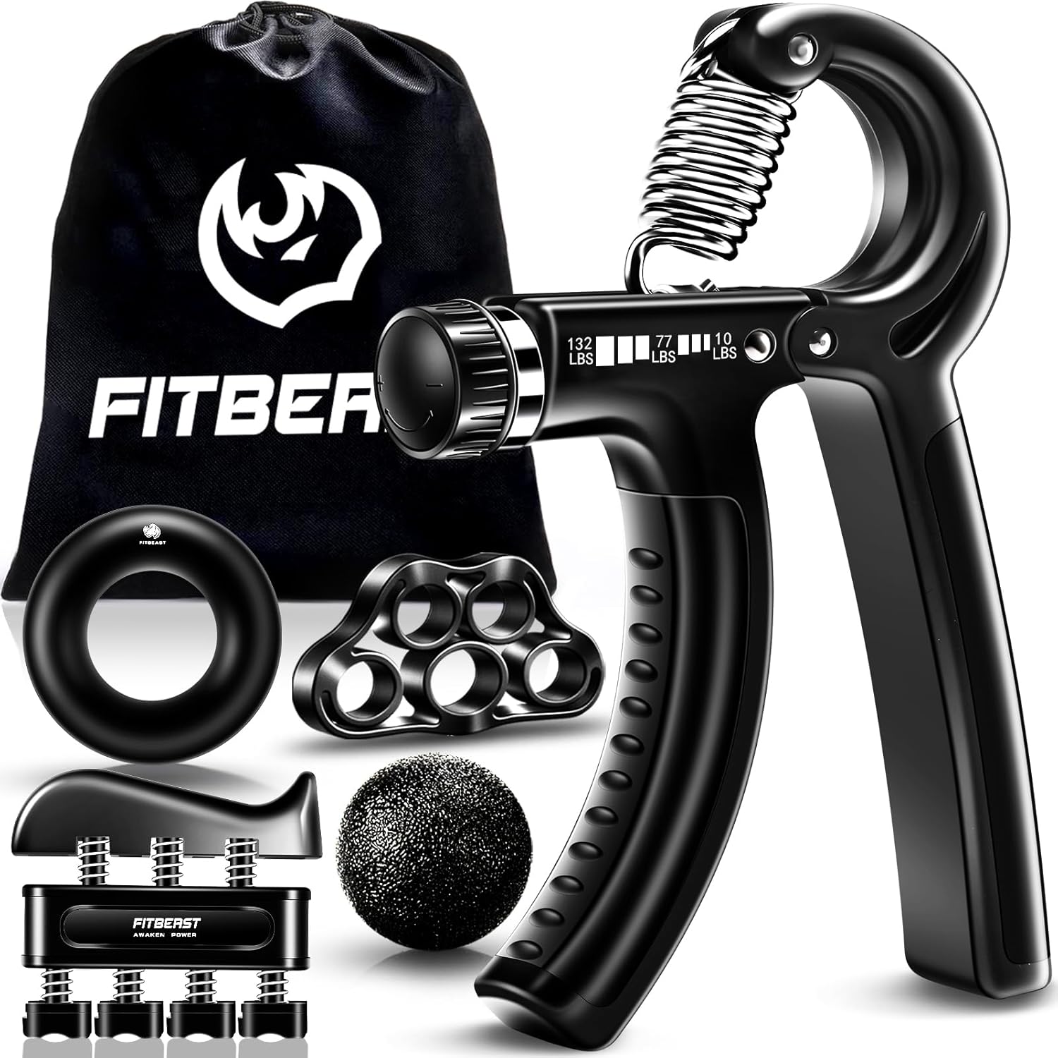 FitBeast Funny Hand Grip Strengthener Workout Kit (5 Pack) Forearm Grip Adjustable Resistance Hand Gripper, Finger Exerciser, Finger Stretcher, Grip Ring & Stress Relief Grip Ball for Athletes