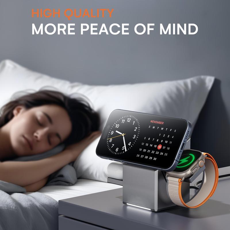 Three in one wireless charger, fast charging, Qi2 certified, suitable for iPhone, iWatch, AirPods headphone charging stations,