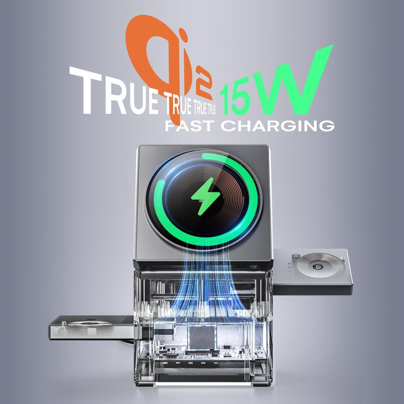 Three in one wireless charger, fast charging, Qi2 certified, suitable for iPhone, iWatch, AirPods headphone charging stations,