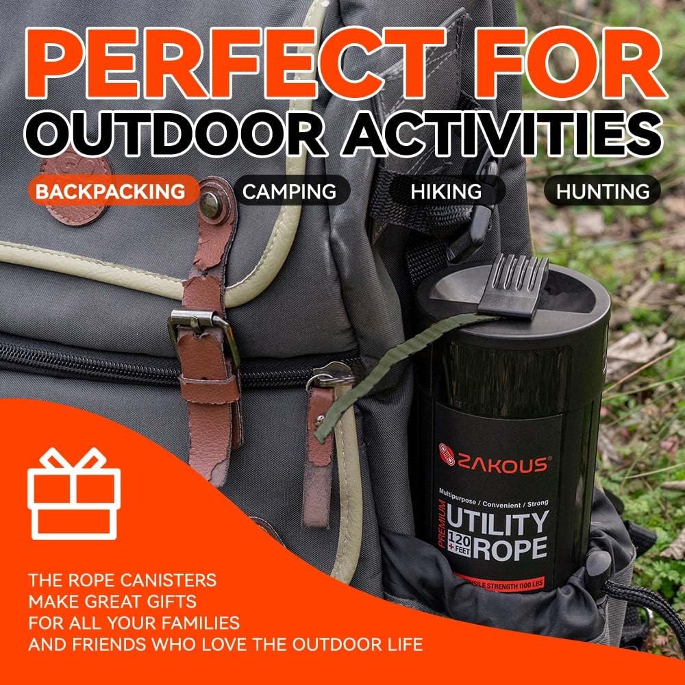 All Purpose Utility Rope Canister, 120 Feet 1100lb Strengh, 100% Nylon Rope Truck Car Vehicle Use - Versatile Usage for Camping Essentials, Hunting, Emergency Preparedness, Tow