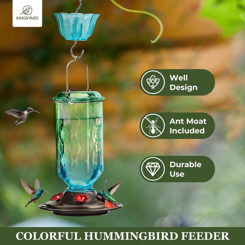 Kingsyard 24oz Glass Hummingbird Feeder for Outdoor Hanging, with Ant Moat & 6 Feeding Port,