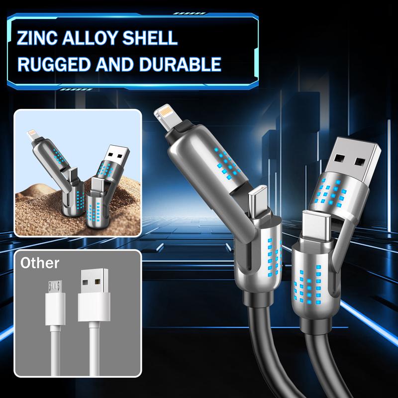 240W 4-in-1 USB-C Cable - PD 5A Fast Charging & Data Sync, Breathing Light, Aluminum Alloy Design, 4FT Silicone Cable,