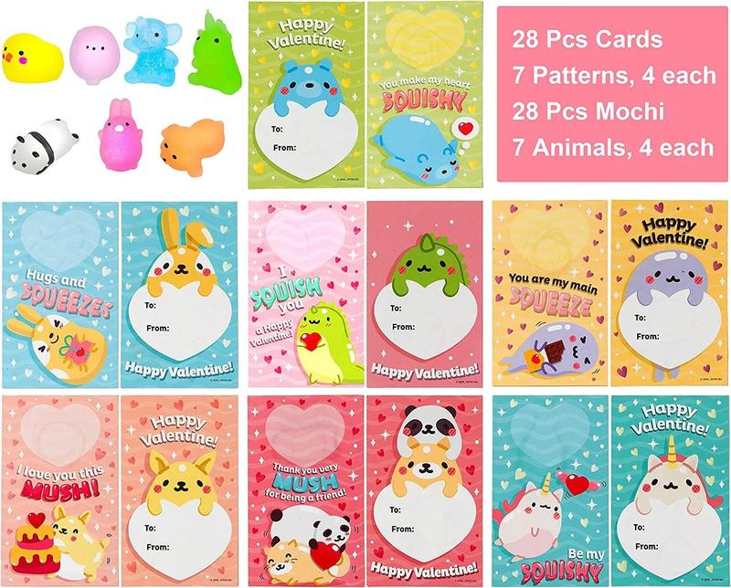 28Pcs Kids Valentines Cards Mochi squishy Toys with Glow-in-The-Dark， 2025 Valentine Exchange Cards