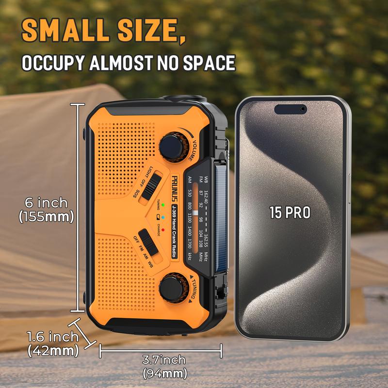 PRUNUS Emergency NOAA Weather Radio with 11100mWh Portable Power Bank, AA Batteries/Solor/Hand Crank/USB/Rechargeable Batteries, LED Flashlight and Reading Lamp,SOS Alarm & Flashlight,AM FM, J-369