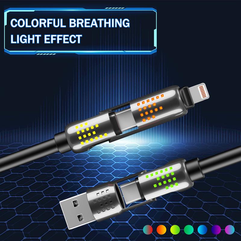 240W 4-in-1 USB-C Cable - PD 5A Fast Charging & Data Sync, Breathing Light, Aluminum Alloy Design, 4FT Silicone Cable,