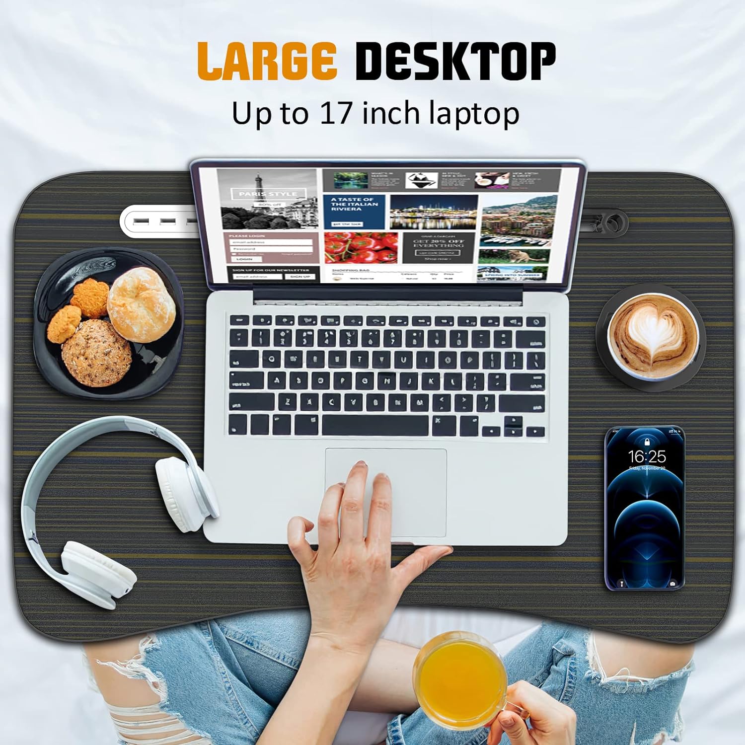 Portable Foldable Laptop Bed Table with USB Charge Port Storage Drawer and Cup Holder,