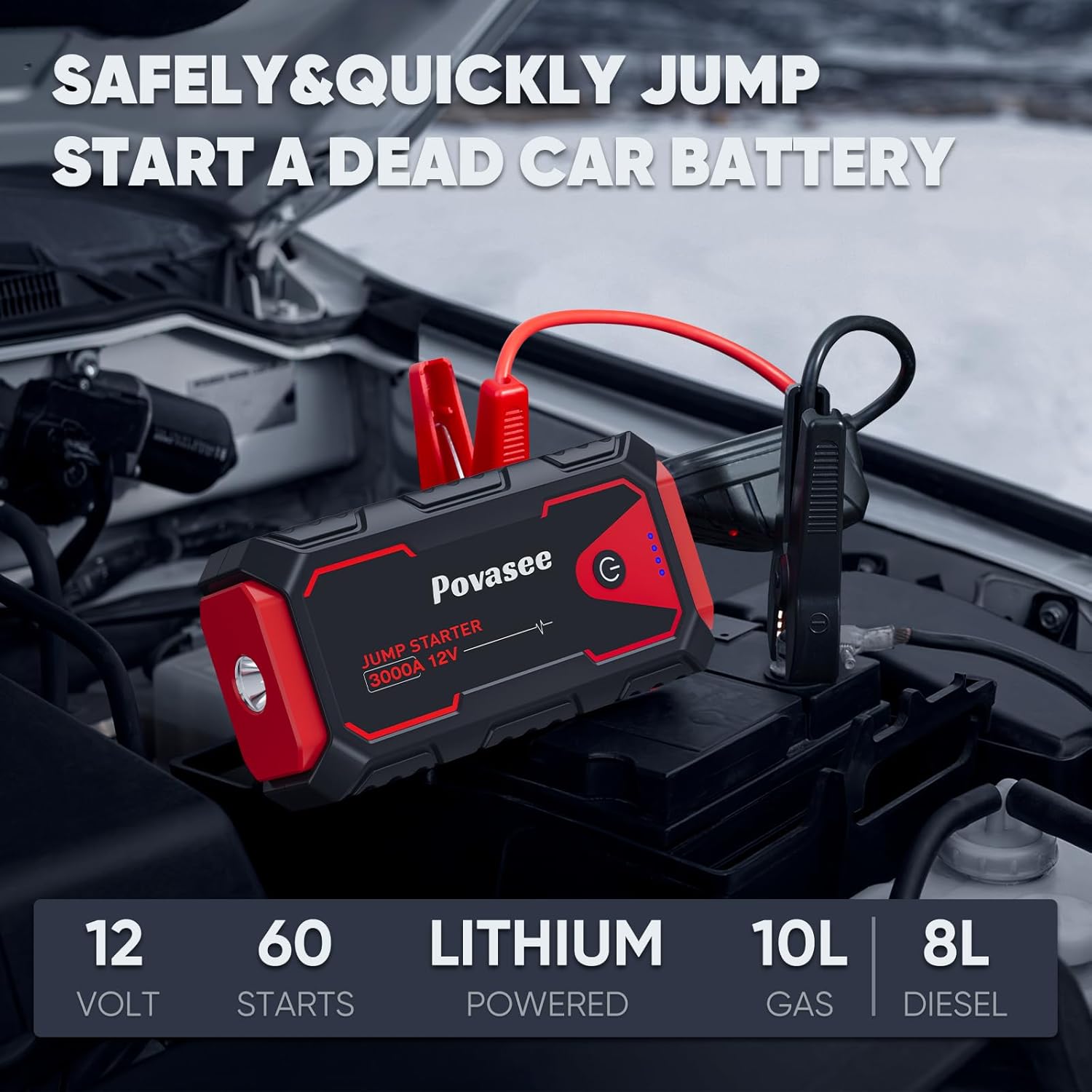 Povasee Jump Starter 3000A Battery Jumper 12V Battery Jump Starter up to 10L Gas or 8L Diesel Engine with Power Bank/LED Light Car Accessories for Vehicle