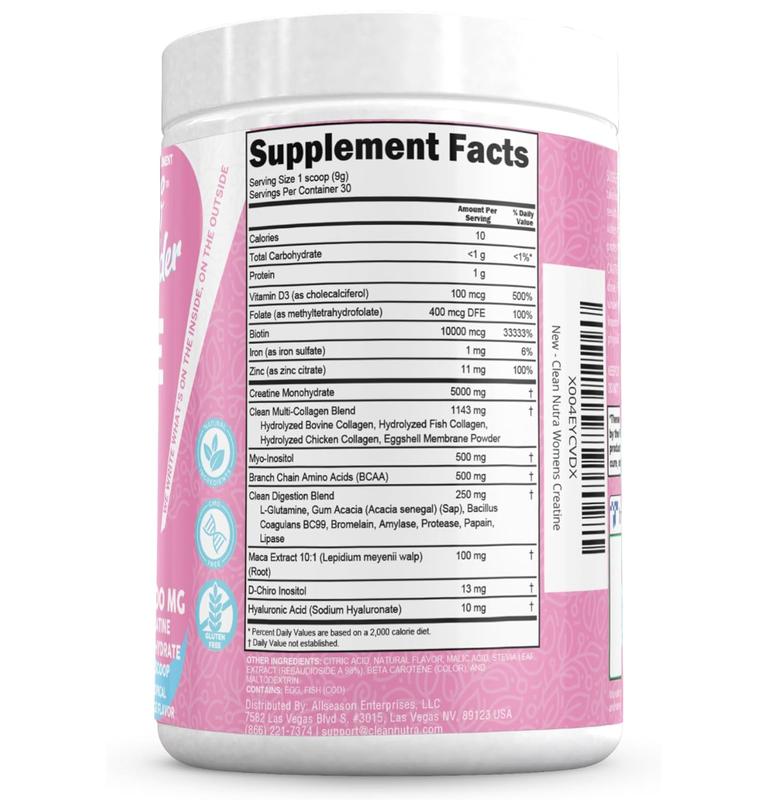 Creatine for Women | Creatine Monohydrate + BCAA Powder Myo-Inositol Collagen Biotin Hyaluronic Acid Folate L Glutamine Vitamin D3 Iron Zinc D-Chiro