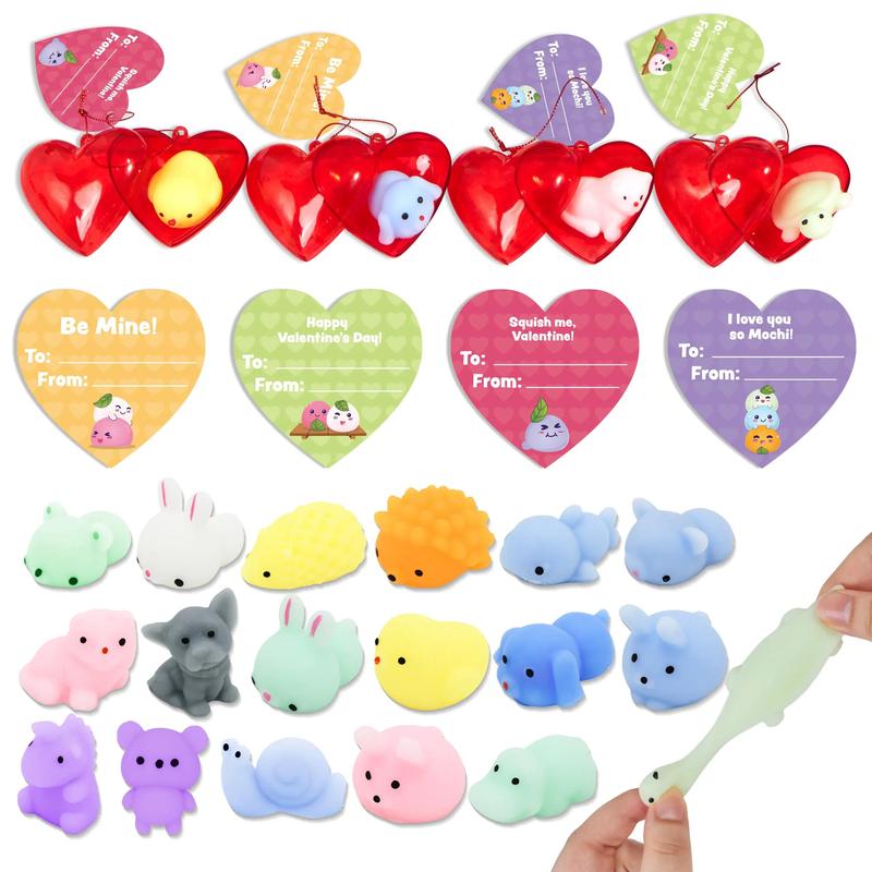 28Pcs Kids Valentines Cards Mochi squishy Toys with Glow-in-The-Dark， 2025 Valentine Exchange Cards