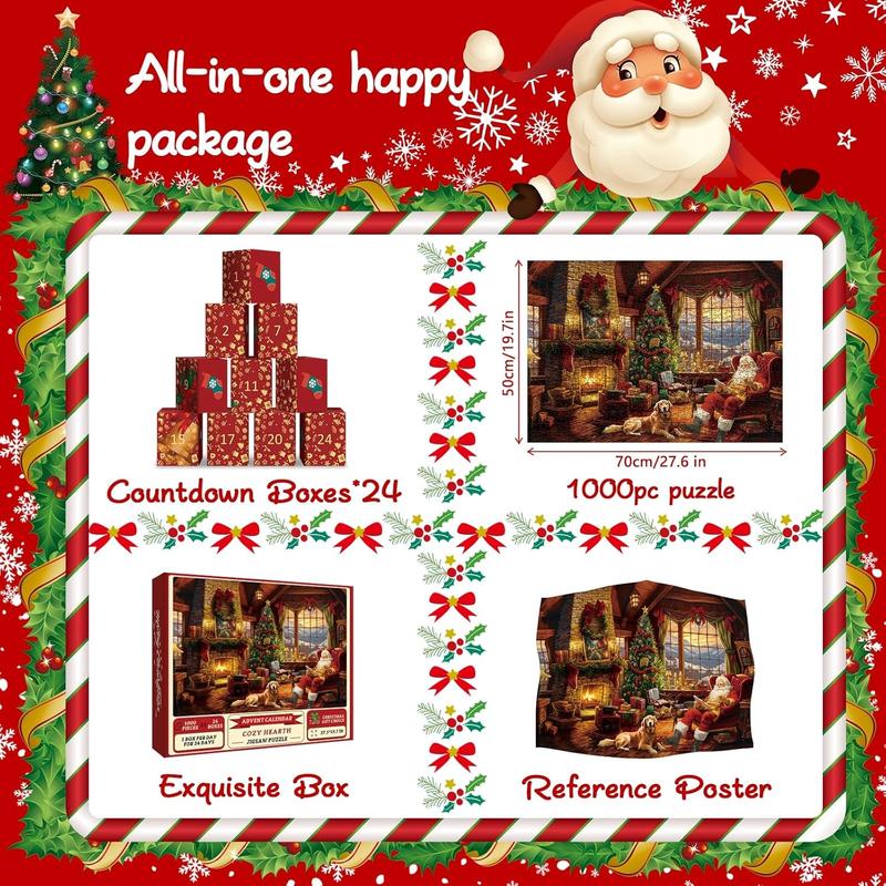 Advent Calendar Puzzles for Adults 1000 Pieces, Christmas Countdown Jigsaw Puzzles, 2024 Holiday Santa Puzzle with 24 Boxes