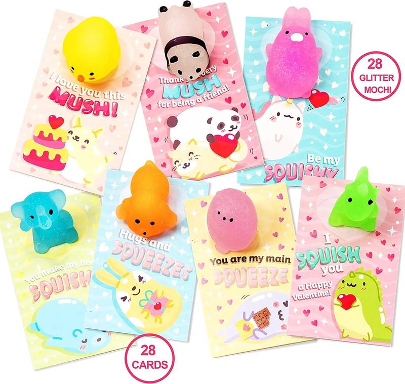 28Pcs Kids Valentines Cards Mochi squishy Toys with Glow-in-The-Dark， 2025 Valentine Exchange Cards