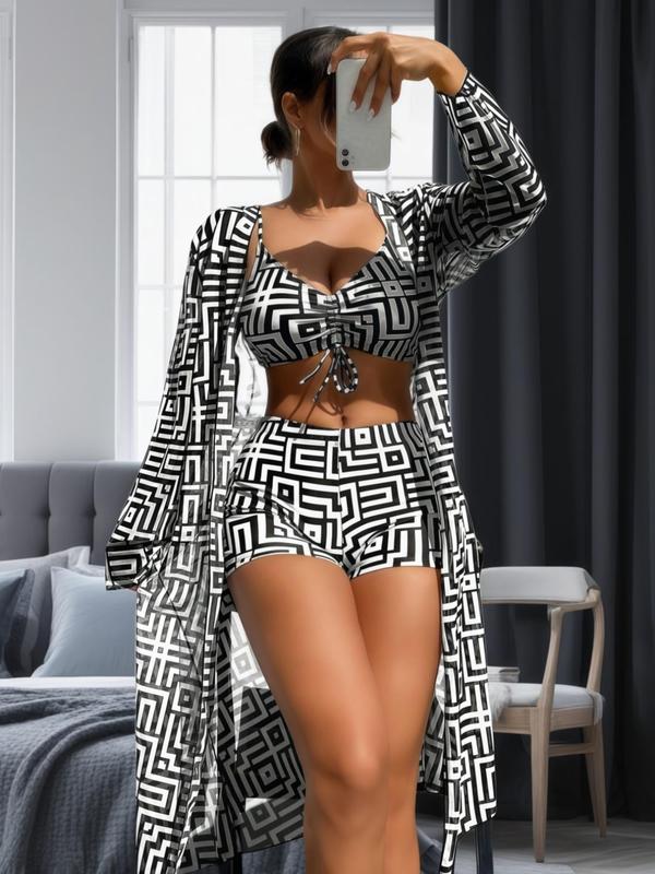 Three-Piece Set Women's Geometric Print Drawstring Swimsuit Set,