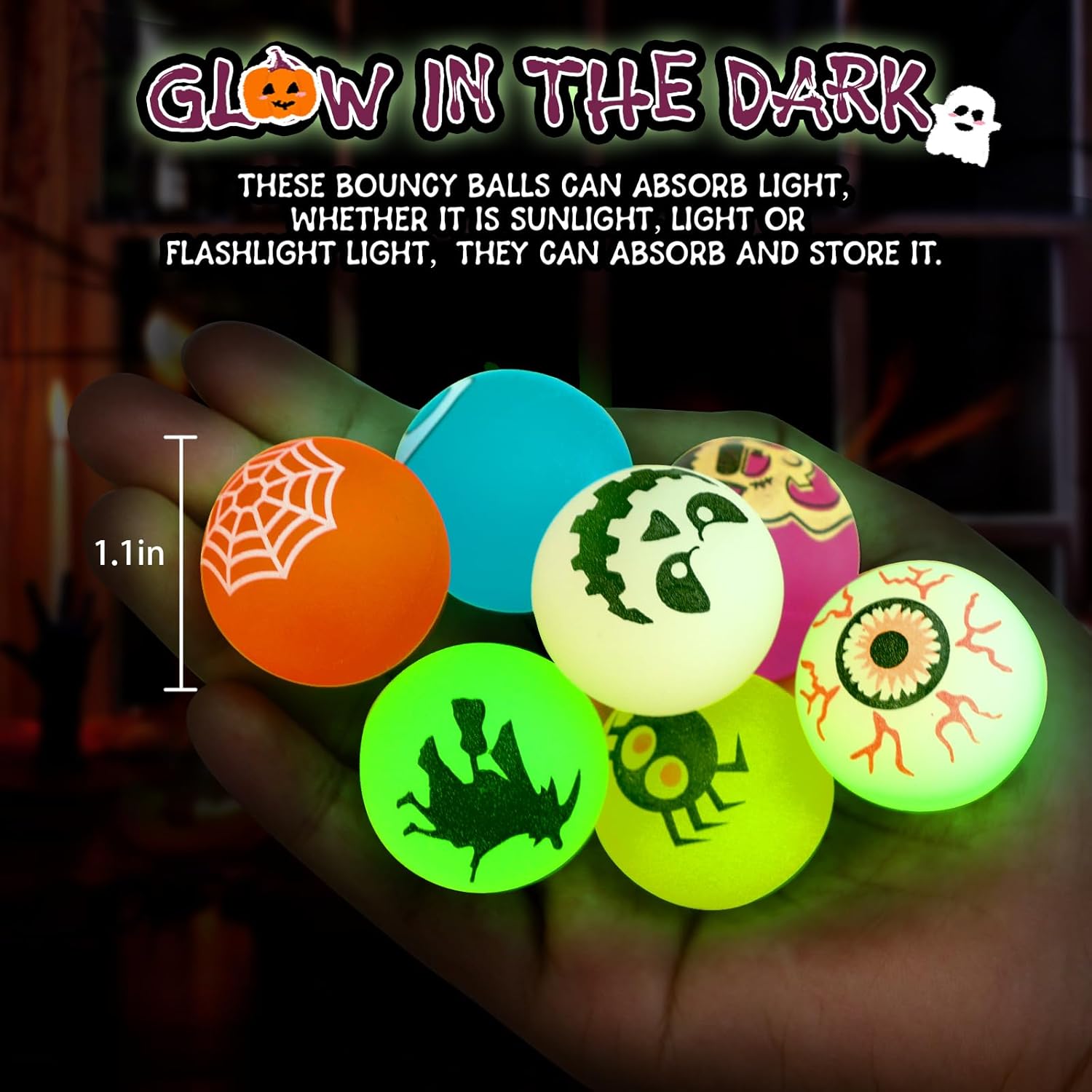 Halloween Theme Designs Bouncing Balls - Glow in The Dark Bouncy Party Favors Supplies for Kids, Trick or Treating Goodie Light Spooky