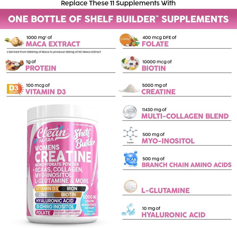 Creatine for Women | Creatine Monohydrate + BCAA Powder Myo-Inositol Collagen Biotin Hyaluronic Acid Folate L Glutamine Vitamin D3 Iron Zinc D-Chiro