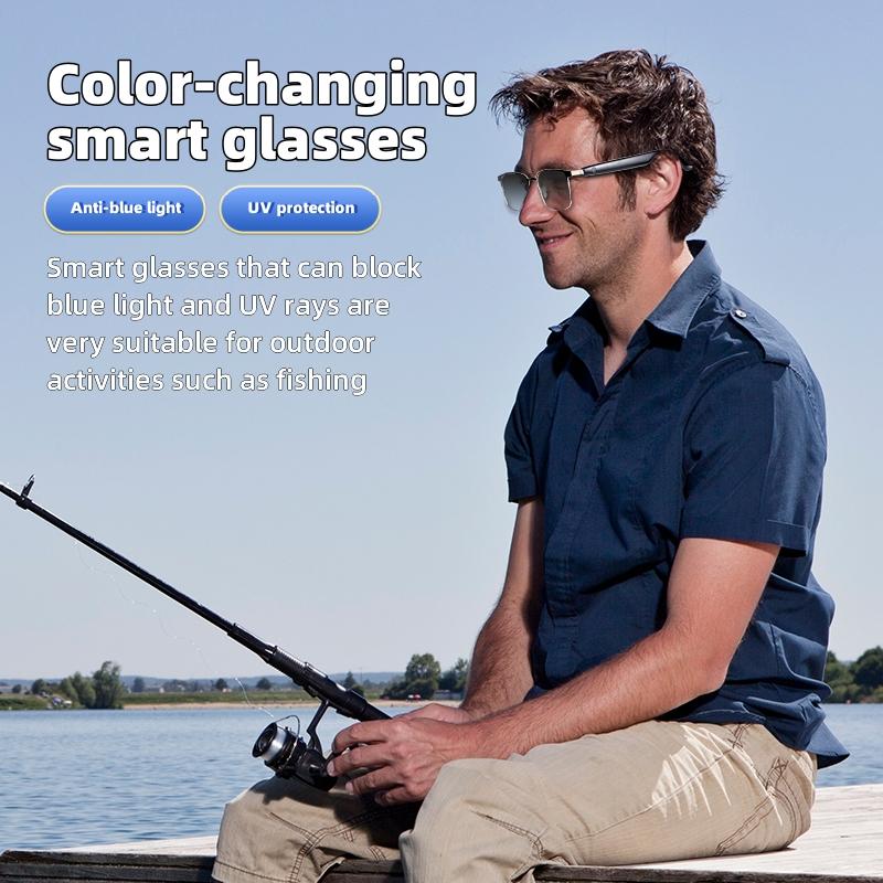 Bluetooth audio smart glasses with photochromic lenses that darken in sunlight, metal frame, surround sound and microphone