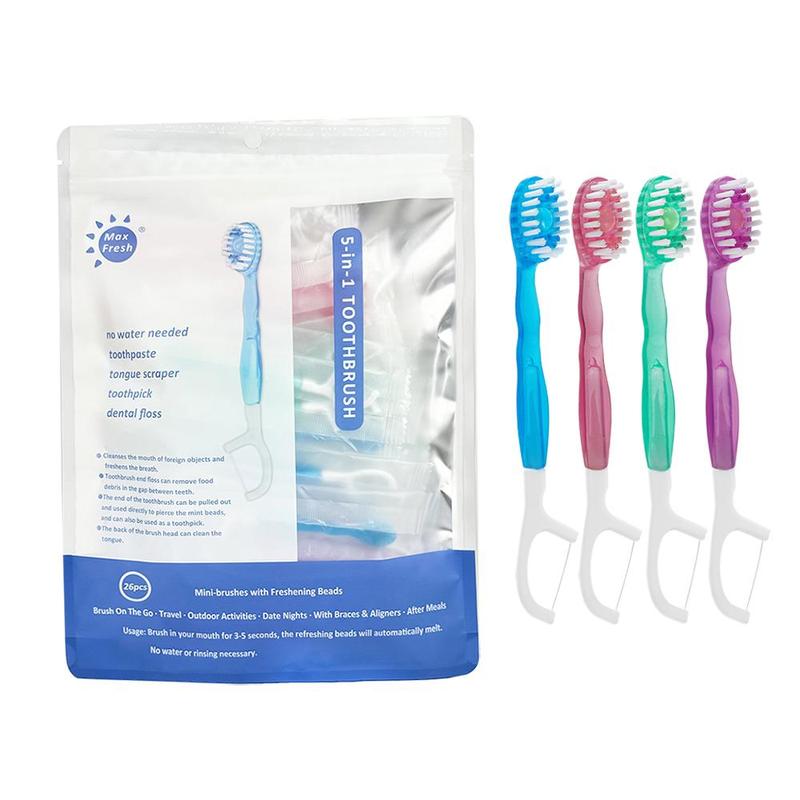 5 in 1 Mini Toothbrush & Floss & Tongue Scraper & Toothpick Set, 26pcs/pack Soft Bristles Toothbrush Set,