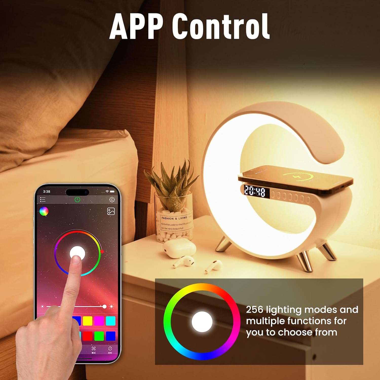 RGB Night Light Lamp Multifunctional Wireless Audio Speaker, Multifunctional Wireless Speaker with Alarm Clock, Wireless Charger Station for Smartphone
