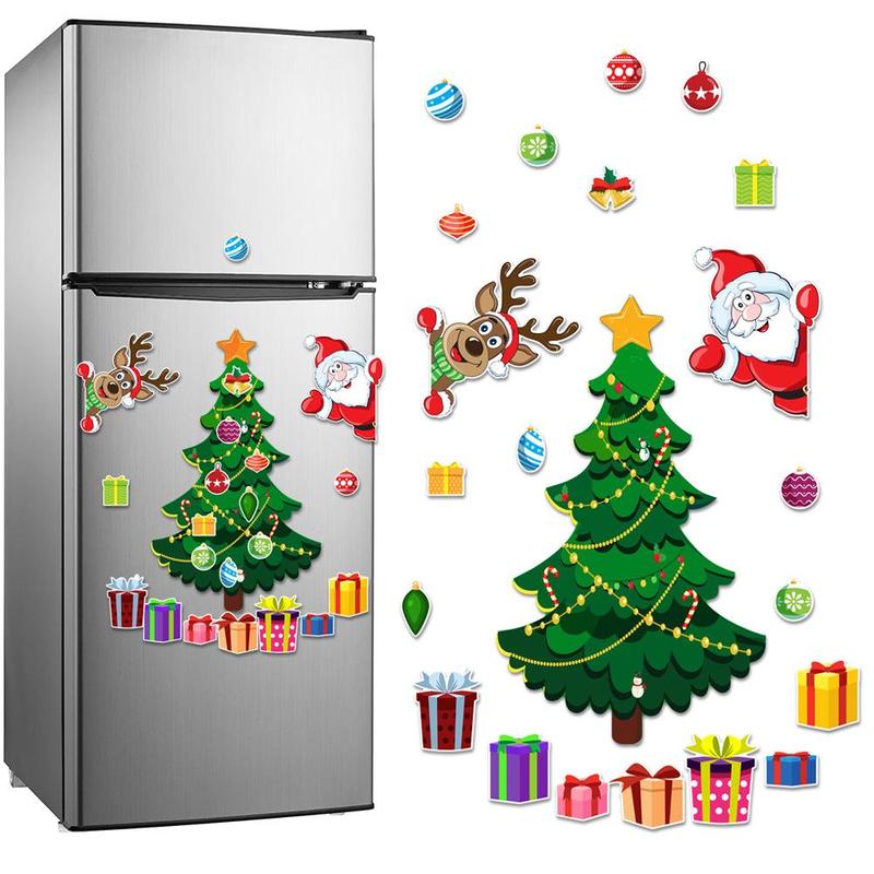 Christmas Themed Magnetic Sticker, 1 Set Cartoon Santa Claus & Reindeer & Tree Pattern Refrigerator Magnets,