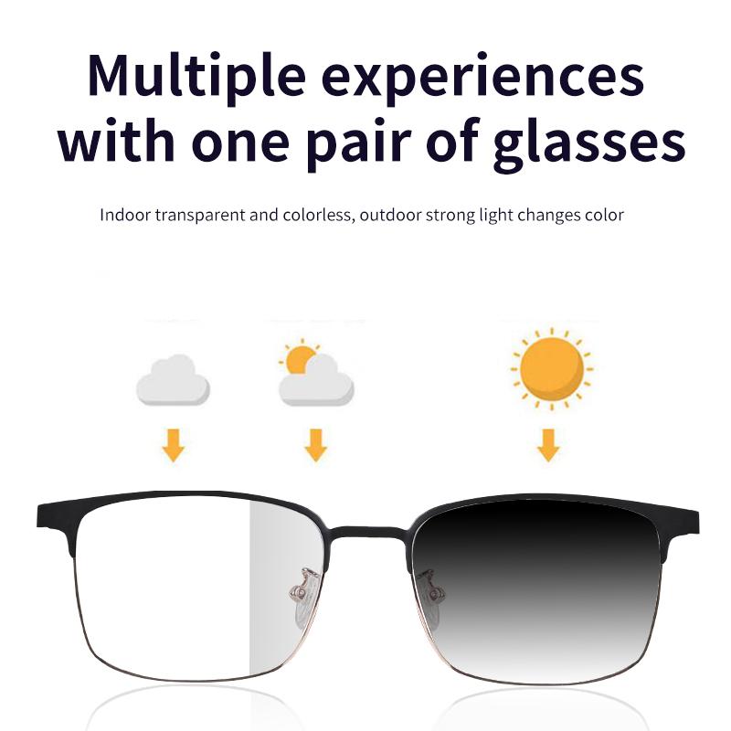 Bluetooth audio smart glasses with photochromic lenses that darken in sunlight, metal frame, surround sound and microphone