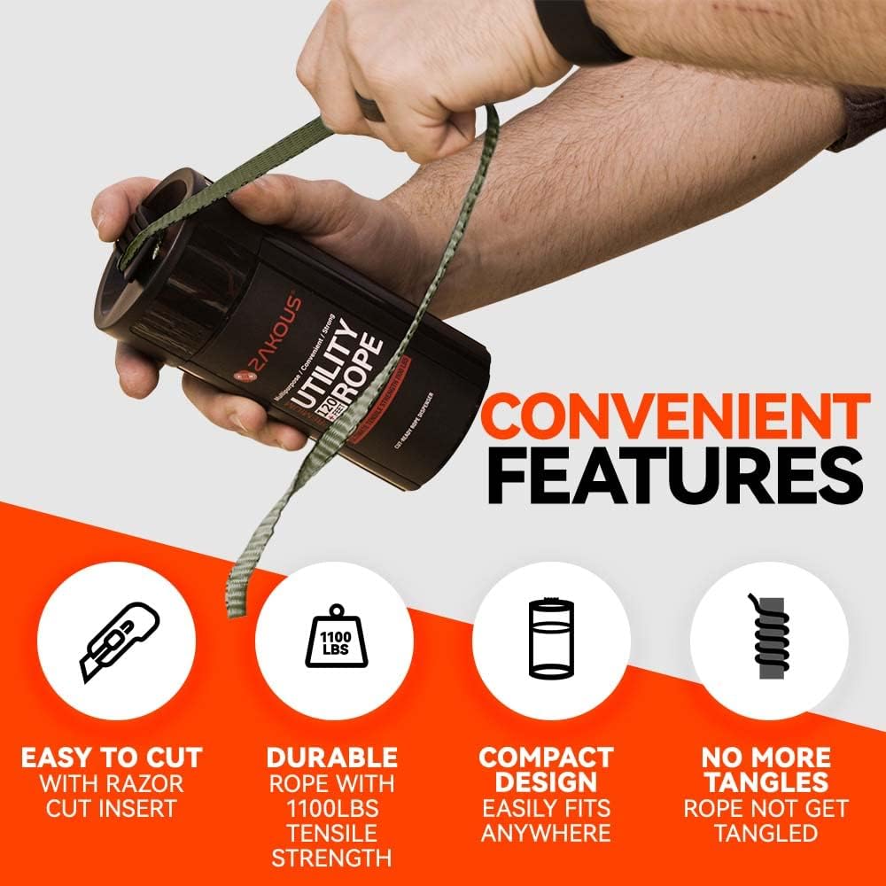 All Purpose Utility Rope Canister, 120 Feet 1100lb Strengh, 100% Nylon Rope Truck Car Vehicle Use - Versatile Usage for Camping Essentials, Hunting, Emergency Preparedness, Tow