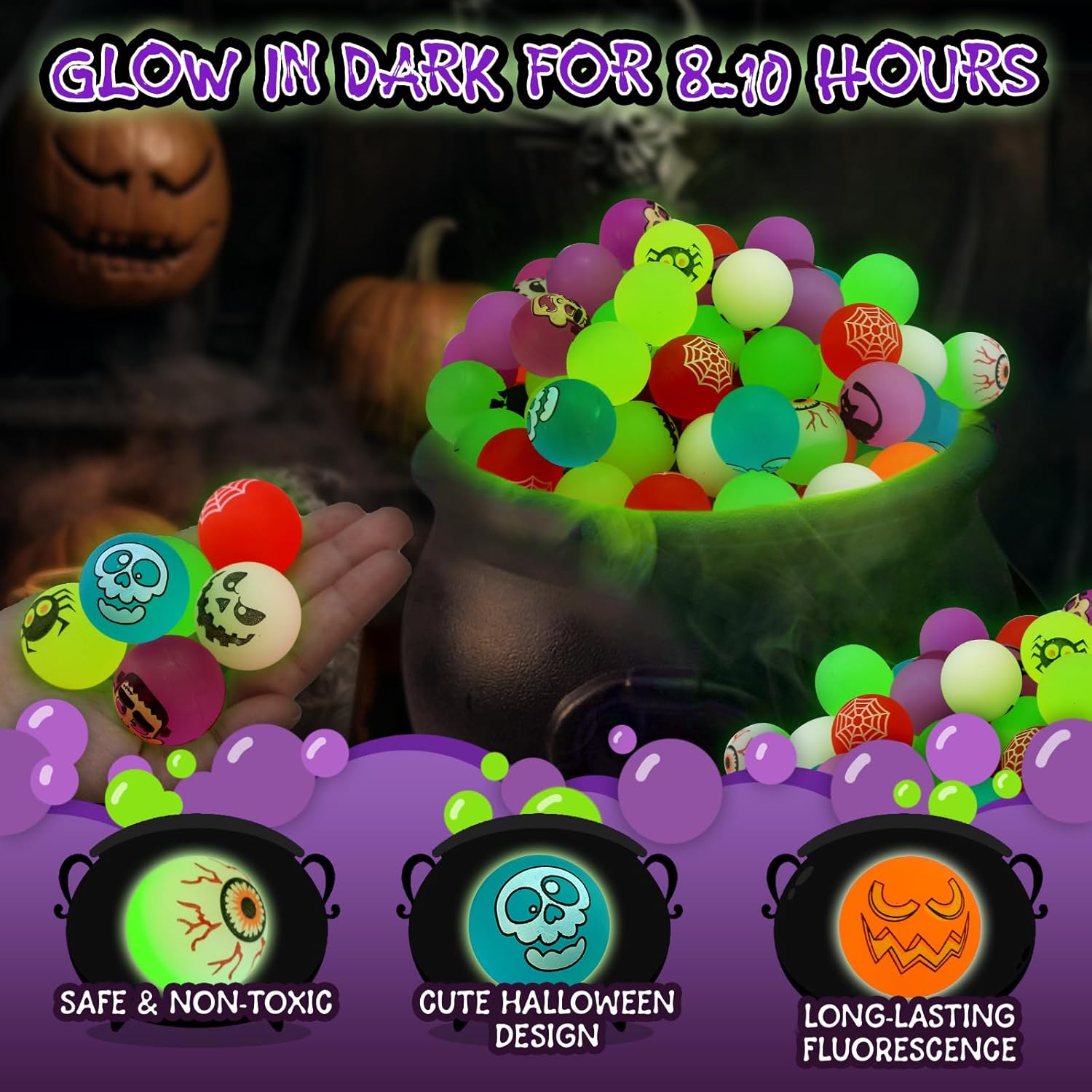 Halloween Theme Designs Bouncing Balls - Glow in The Dark Bouncy Party Favors Supplies for Kids, Trick or Treating Goodie Light Spooky