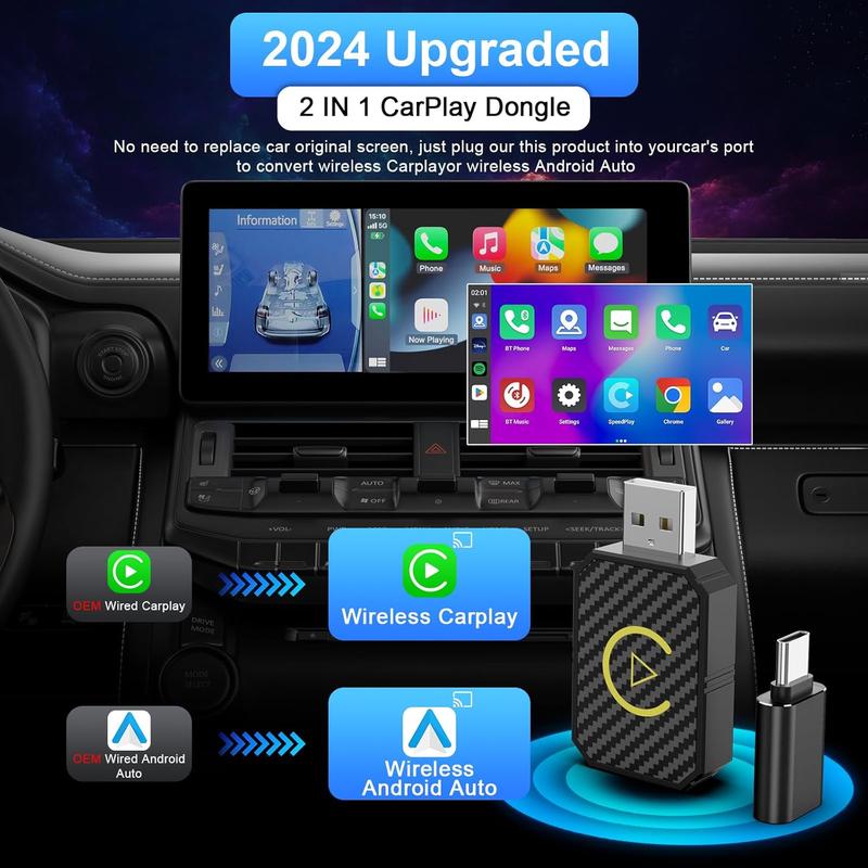 2-in-1 Wireless CarPlay & Android Auto Adapter, Wireless Apple CarPlay Adapter for Factory Wired Cars
